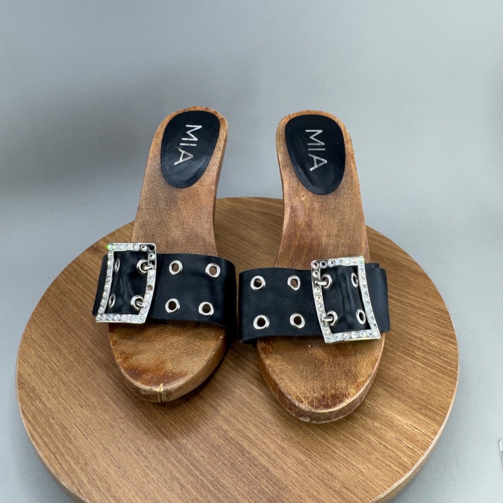 MIA Wooden Platform Clog Sandals 7 Black Bling Rhinestone Buckle Y2K Retro Heels - Picture 2 of 10